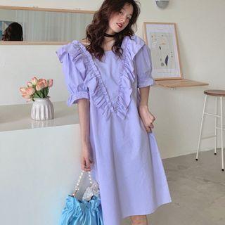 Elbow-sleeve Ruffle Midi A-line Dress Purple - One Size