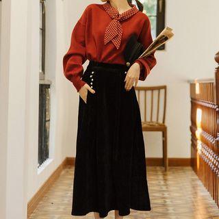 Set: Tie-neck Sweater + Velvet Midi A-line Skirt
