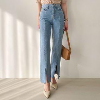 Slashed Straight-cut Jeans Dark Blue - S