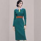 Polo-neck Color Block Knit Midi Sheath Dress Dark Bluish Green - One Size