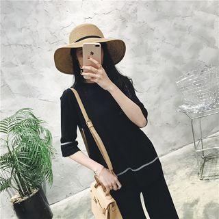 Set: Elbow-sleeve Top + Striped Wide Leg Pants