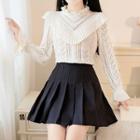 Long-sleeve Ruffled Mock-neck Knit Top / Pleated A-line Mini Skirt / Set