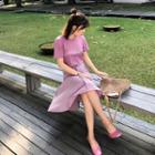 Set: Short-sleeve Lettering T-shirt + Buttoned Midi A-line Skirt