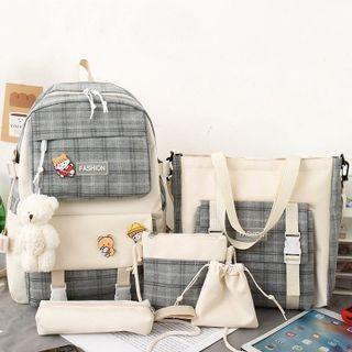 Set: Plaid Backpack + Tote Bag + Crossbody Bag + Pouch