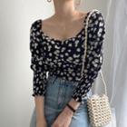 Square Neck Floral 3/4-sleeve Top White Flower - Black - One Size