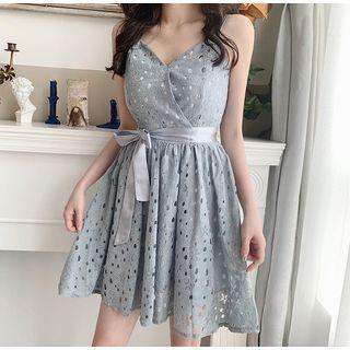 Spaghetti Strap Perforated Lace Ribbon A-line Mini Dress