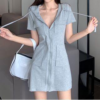 Short-sleeve Zip-up Hooded Mini Shift Dress
