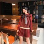 Set: V-neck Knit Vest + Pleated Mini A-line Shirtdress