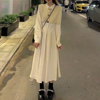 Long-sleeve Plain Midi Dress / Cropped Knit Vest