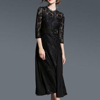 3/4-sleeve Lace Panel Midi Party Dress