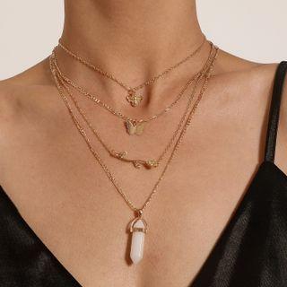 Butterfly Rose Faux Crystal Pendant Layered Choker Necklace
