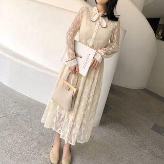Long Sleeve Bow Neck Lace Dress