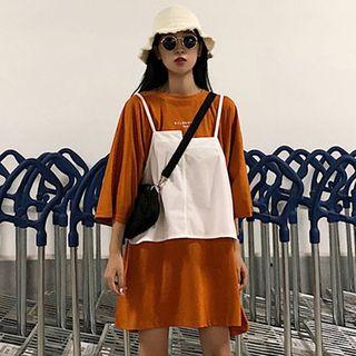 Set: 3/4-sleeve Lettering Mini T-shirt Dress + Spaghetti Strap Top