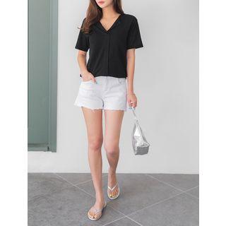 Plus Size Open-placket Linen Blend T-shirt