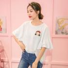 Embroidered Elbow Sleeve Ruffle T-shirt