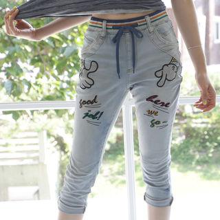 Drawstring-waist Lettering Cropped Jeans