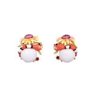 Fashion And Elegant Plated Gold Enamel Flower Snake Stud Earrings With Cubic Zirconia Golden - One Size