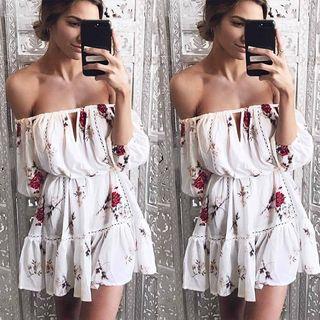 Floral Print Off-shoulder 3/4-sleeve A-line Dress