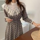 Floral Print Lace Trim Long-sleeve Midi A-line Dress