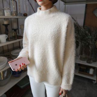 Mock-neck Dip-back Wool Blend Knit Top