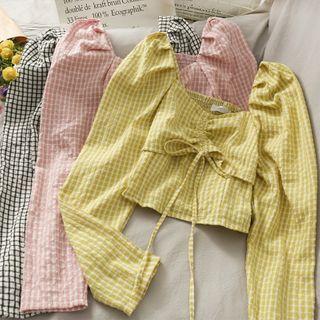 Checker Square-neck Drawstring Crop Top In 5 Colors