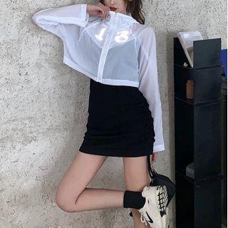 Strapless Drawstring Mini Bodycon Dress / Hooded Zip-up Cropped Jacket