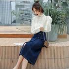 Set: Stand Collar Long-sleeve Top + Midi A-line Denim Skirt