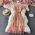 Short Sleeve Lace Mesh Maxi Dress