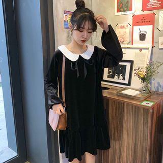 Long-sleeve Pleuche Peter Pan Collar Dress Black - One Size