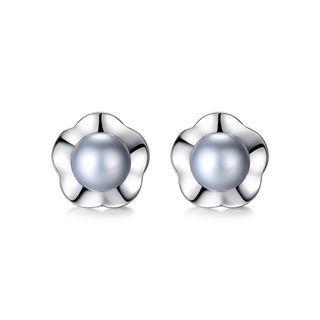 Sterling Silver Simple Fashion Flower Grey Freshwater Pearl Stud Earrings Silver - One Size