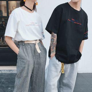 Couple Matching Striped Lettering Short-sleeve T-shirt