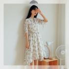 Floral Elbow-sleeve Asymmetric Chiffon Dress