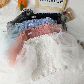 Off-shoulder Lantern-sleeve Smocked Top