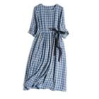 Elbow-sleeve Gingham Linen Midi A-line Dress
