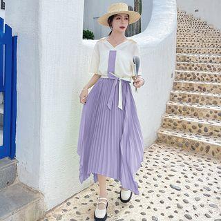 Elbow-sleeve Two-tone Accordion Pleat Midi A-line Dress
