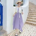 Elbow-sleeve Two-tone Accordion Pleat Midi A-line Dress
