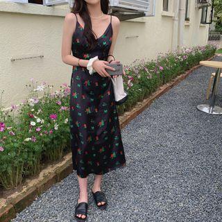 Spaghetti Strap Floral Midi A-line Dress Black - One Size