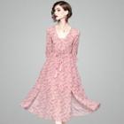 Set: Camisole + Flower Print Elbow-sleeve Midi A-line Dress