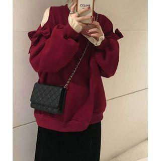 Cold-shoulder Ribbon Sweatshirt Wine Red - One Size