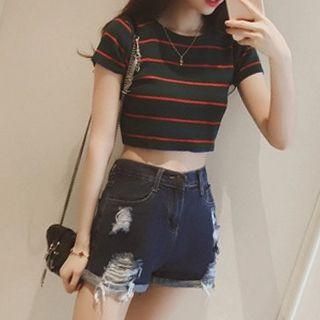 Cropped Short-sleeve Striped Knit Top