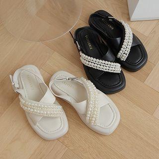 Faux Pearl Cross Strap Platform Sandals