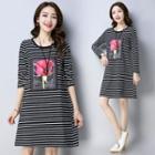 Rose Print Stripe Long-sleeve A-line T-shirt Dress