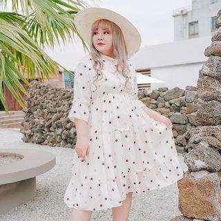 Elbow-sleeve Tie Neck Dotted A-line Dress