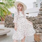 Elbow-sleeve Tie Neck Dotted A-line Dress