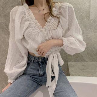 Puff-sleeve V-neck Cropped White Shirt White - One Size