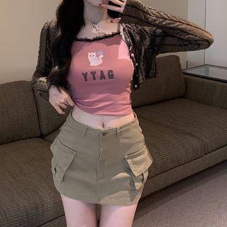 Lace Trim Patterned Cropped Light Jacket / Cat Print Lettering Camisole Top / Pocket Detail Mini Pencil Skirt