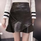 Ruffle Hem Faux Leather A-line Mini Skirt