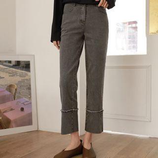 Fringe-trim Buttoned-hem Jeans