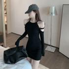 Long-sleeve Cold-shoulder Mini Dress Black - One Size