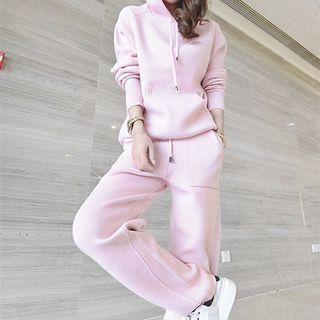 Set: Plain Hoodie + Drawstring Straight-fit Pants